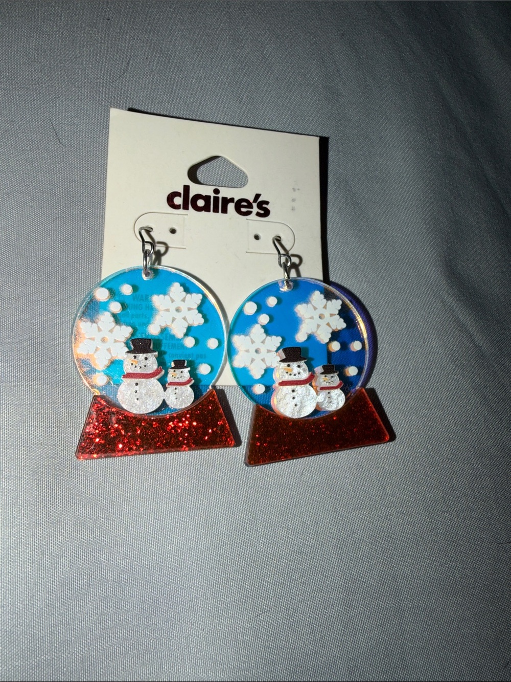 Claire's Blue and Red Snowman Snow Globe Dangle Earrings